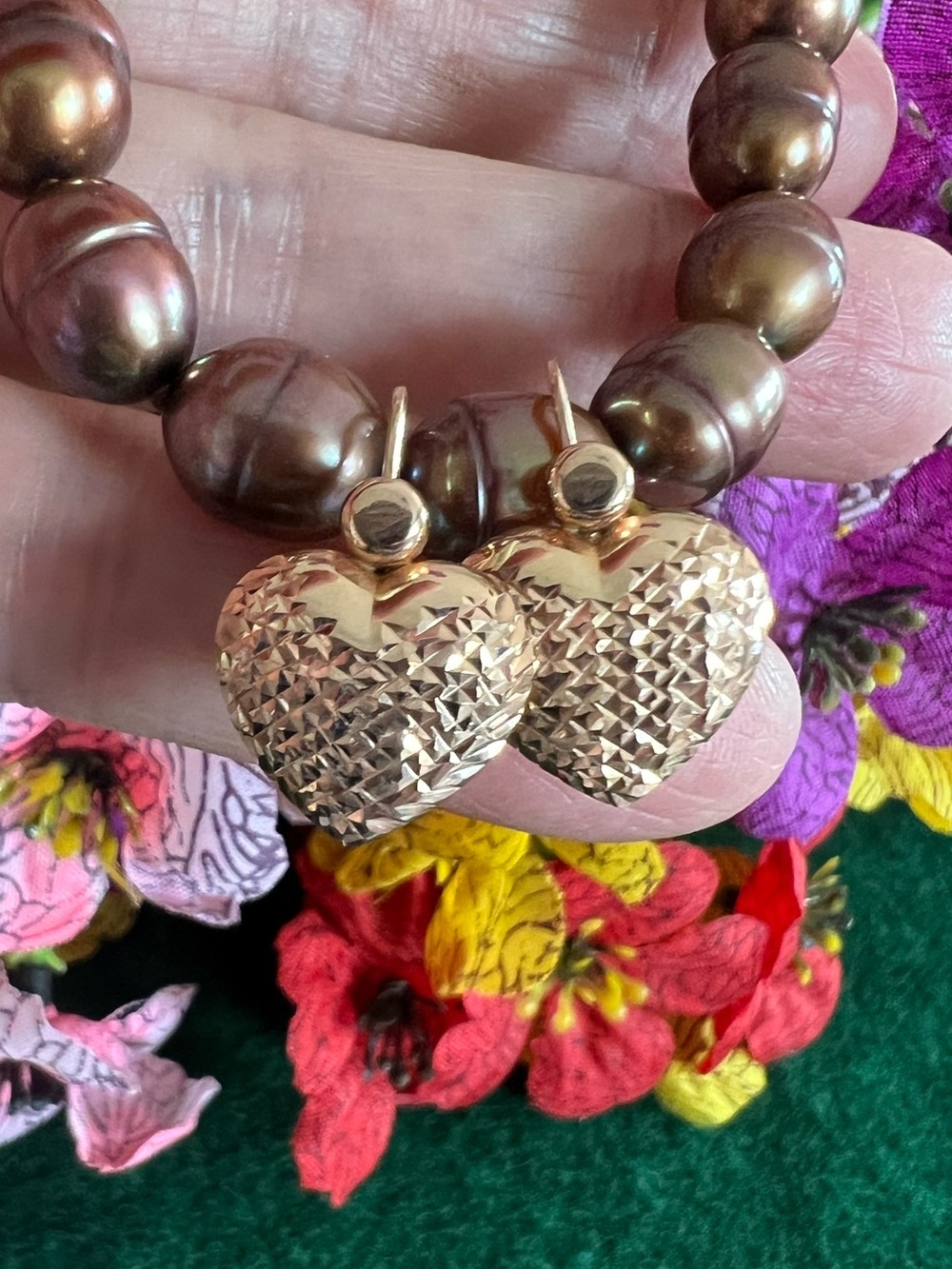 14k Solid Rose Gold Textured Heart Earrings - Picture 5 of 13